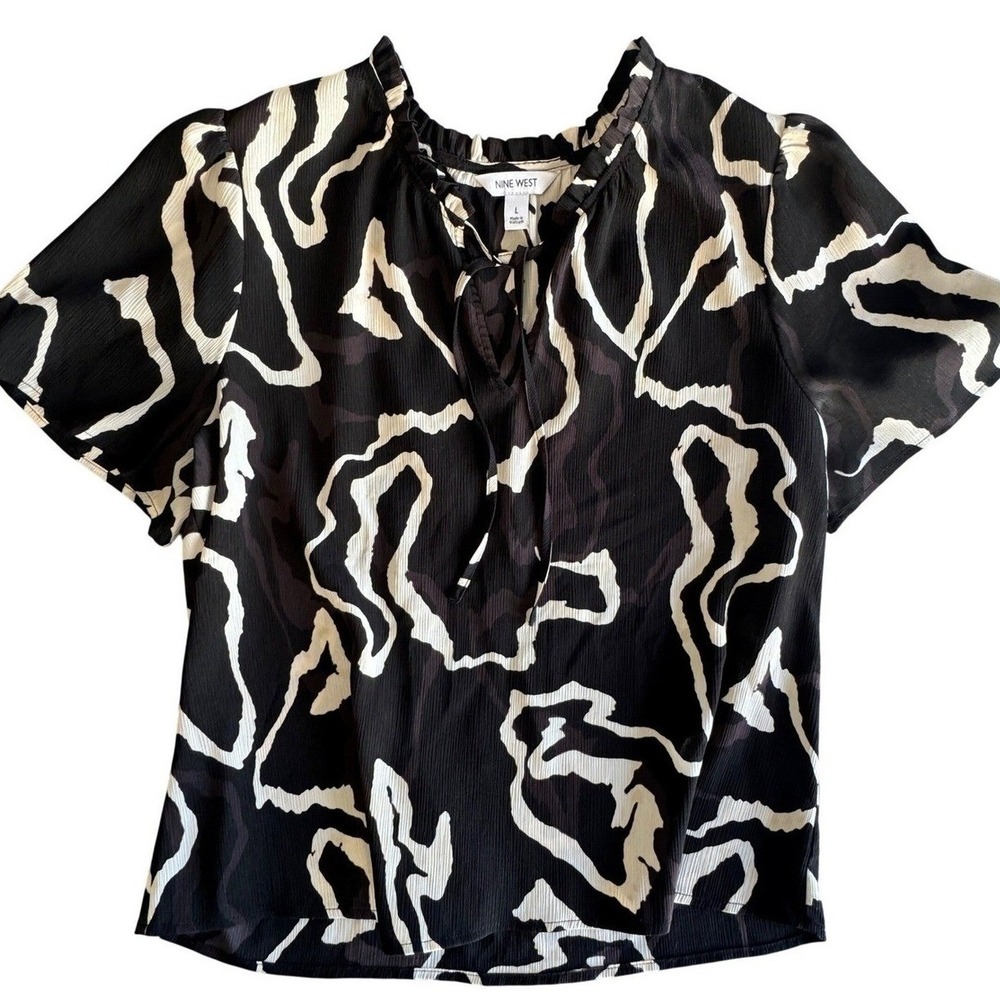 Nine West Women Black White Abstract Print Ruffle Tie Neck Blouse Size L - Picture 1 of 4